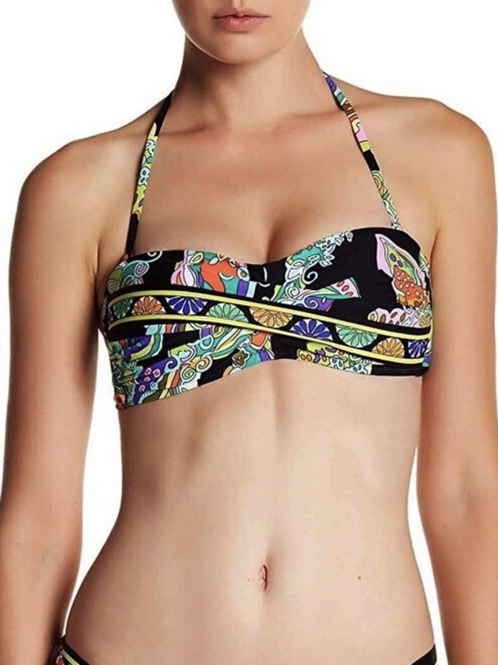 Trina Turk Women’s size 8 Black Retro Floral twist bandeau bikini top